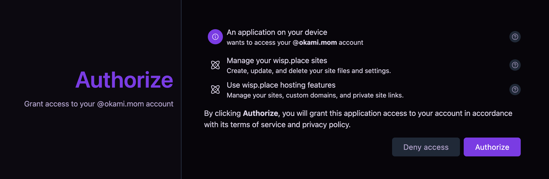 a wispctl consent screen asking for Manage your wisp.place sites
Create, update, and delete your site files and settings. and Use wisp.place hosting features
Manage your sites, custom domains, and private site links.