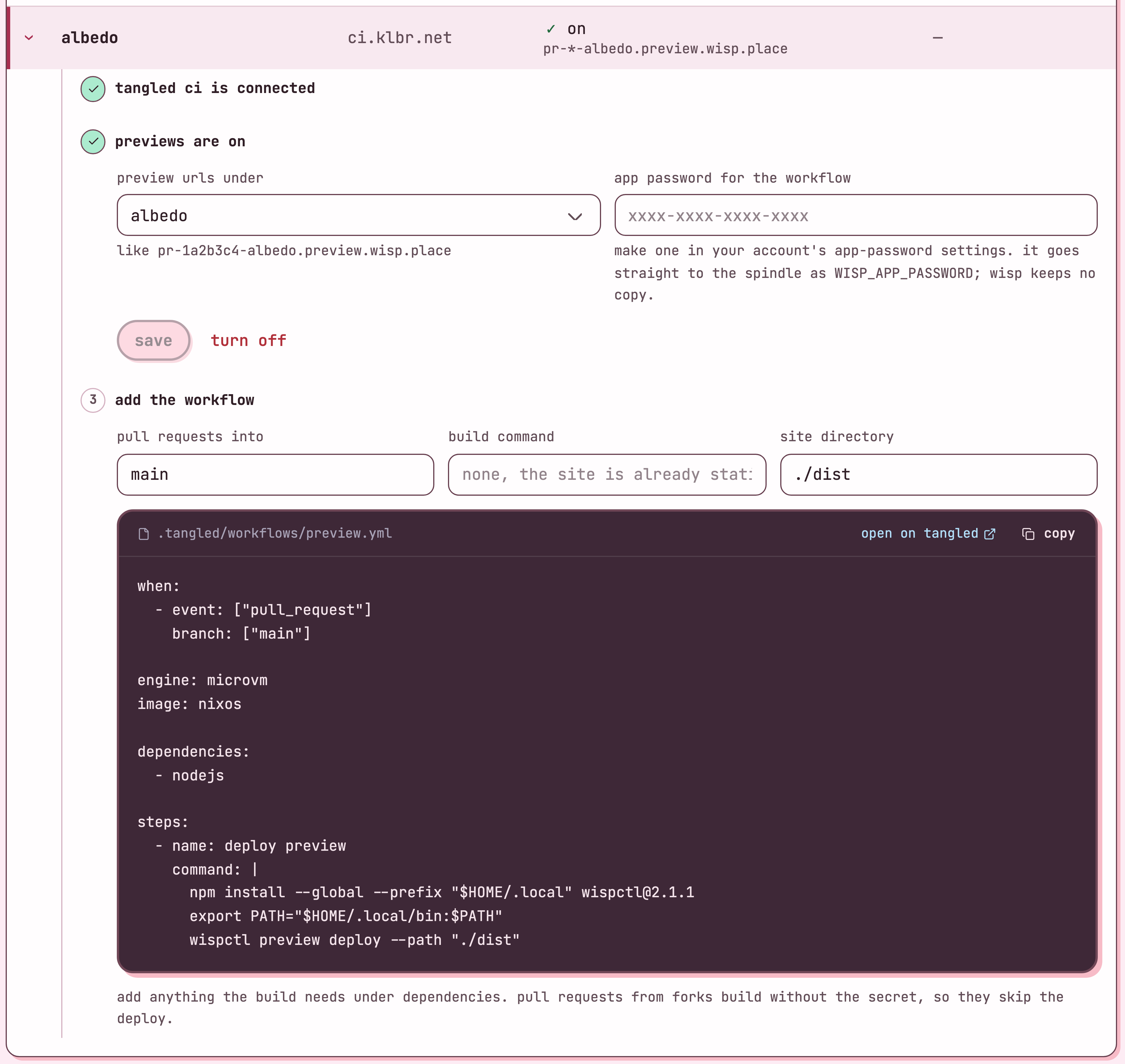 The pull-request previews setup in the wisp dashboard, in three steps: tangled ci is connected, previews are on, and the workflow to add to the repo.