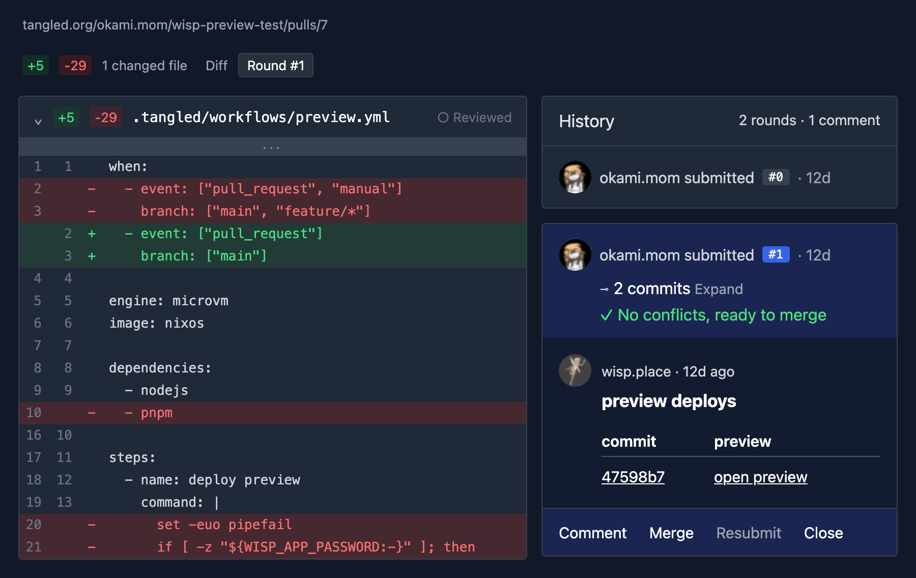 A tangled pull request: the diff of .tangled/workflows/preview.yml on the left, and in the history on the right a comment from wisp.place titled preview deploys, linking the commit to its preview.